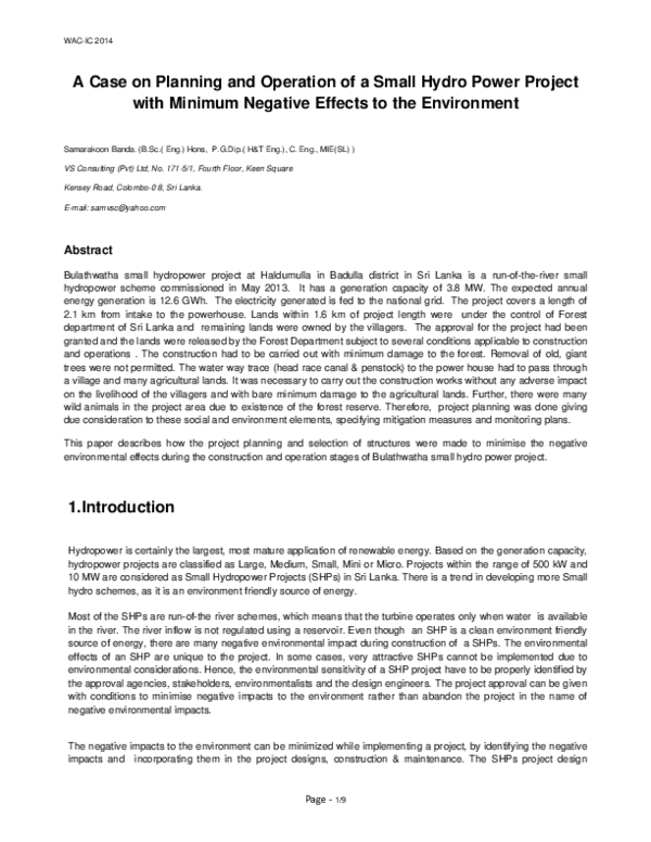 (PDF) A Case on Planning and Operation of a Small Hydro Power Project ...