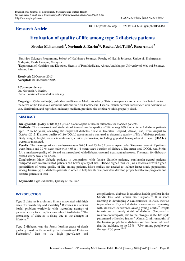(PDF) Evaluation of quality of life among type 2 diabetes patients