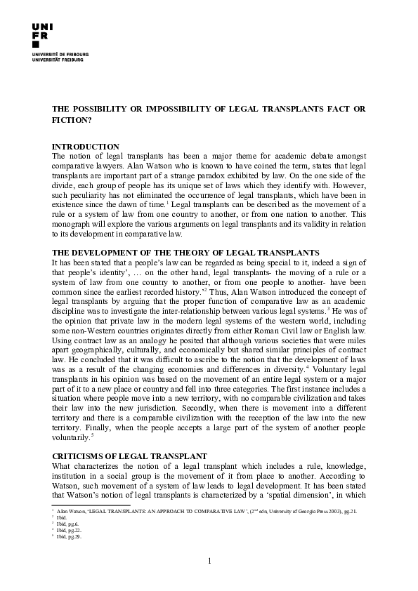 (DOC) THE POSSIBILITY OR IMPOSSIBILITY OF LEGAL TRANSPLANTS FACT OR FICTION