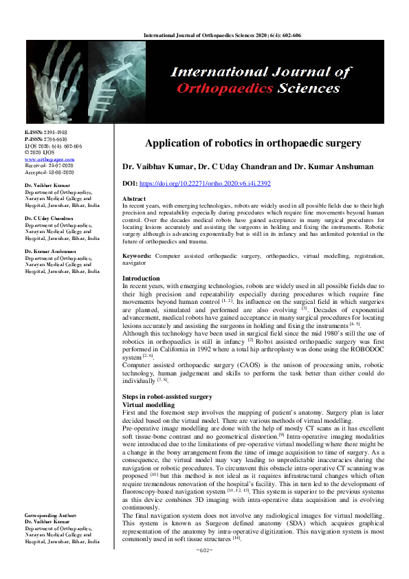 (PDF) Application of robotics in orthopaedic surgery