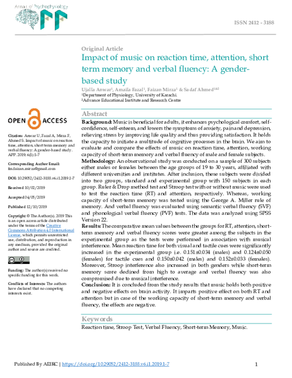 (PDF) Impact of music on reaction time, attention, short term memory ...
