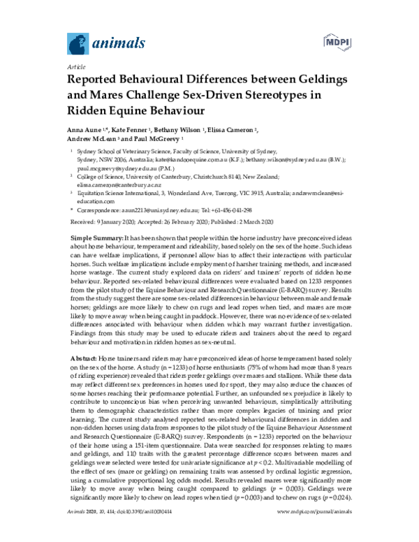 (PDF) Reported Behavioural Differences between Geldings and Mares ...