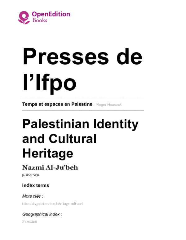 (PDF) Palestine Palestinian Identity and Cultural Heritage