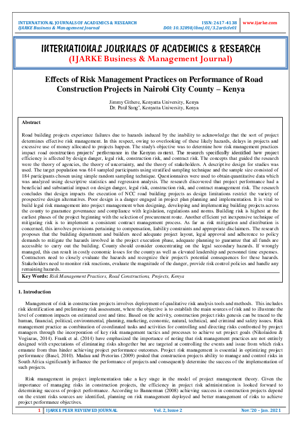 (PDF) Effects of Risk Management Practices on Performance of Road ...