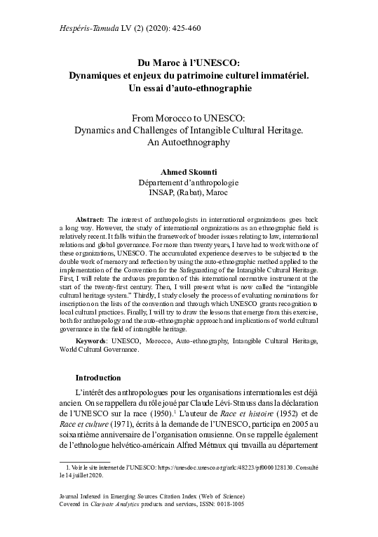 Pdf Du Maroc A L Unesco Dynamiques Et Enjeux Du Patrimoine Culturel Immateriel Un Essai D Auto Ethnographie From Morocco To Unesco Dynamics And Challenges Of Intangible Cultural Heritage An Autoethnography Ahmed Skounti