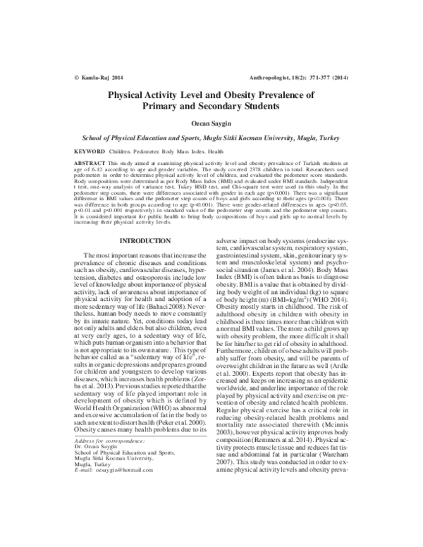 (PDF) Physical Activity Level and Obesity Prevalence of Primary and ...