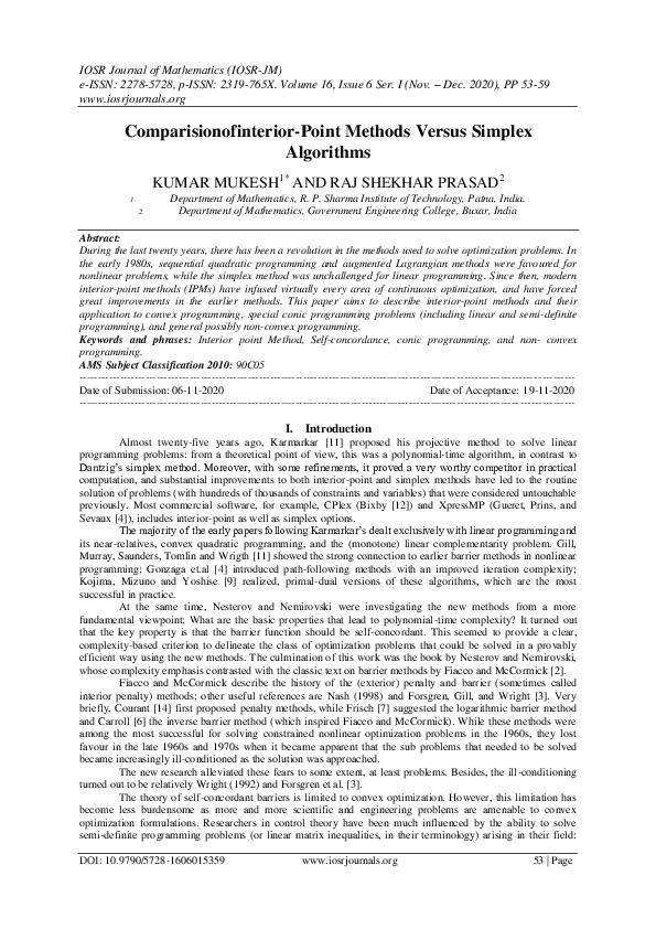 (PDF) Comparisionofinterior-Point Methods Versus Simplex Algorithms