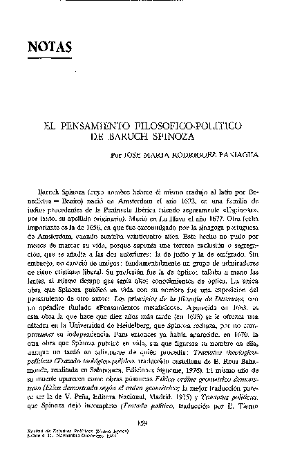 (PDF) NOTAS EL PENSAMIENTO FILOSOFICO-POLITICO DE BARUCH SPINOZA