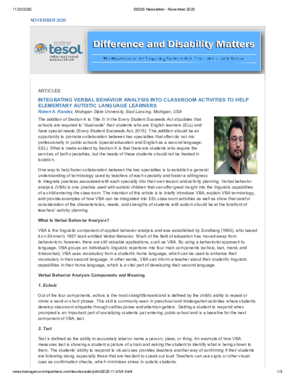 (PDF) INTEGRATING VERBAL BEHAVIOR ANALYSIS INTO CLASSROOM ACTIVITIES TO ...
