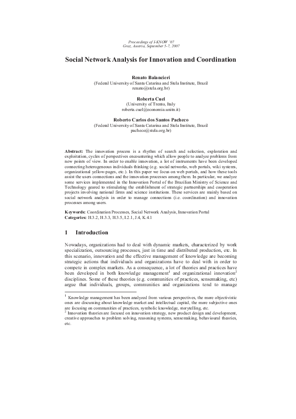 (PDF) Social Network Analysis for Innovation and Coordination