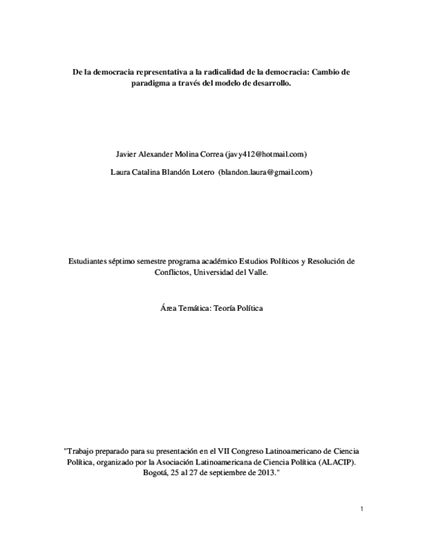 (PDF) De la democracia representativa a la radicalidad de la democracia ...