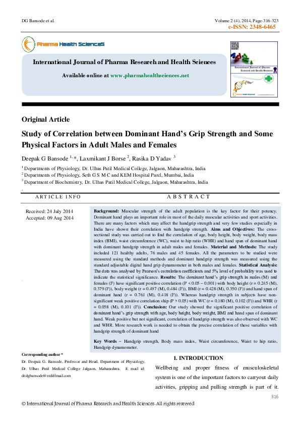(PDF) Study of Correlation between Dominant Hand's Grip Strength and ...