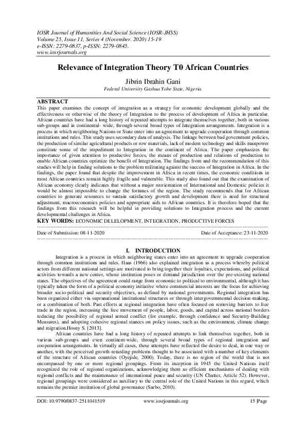 Pdf Relevance Of Integration Theory T0 African Countries