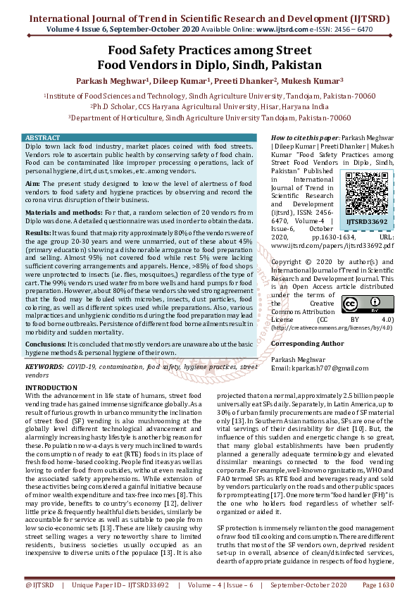 Pdf Food Safety Practices Among Street Food Vendors In Diplo Sindh