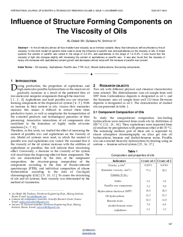 (PDF) Influence of Structure Forming Components on The Viscosity of Oils