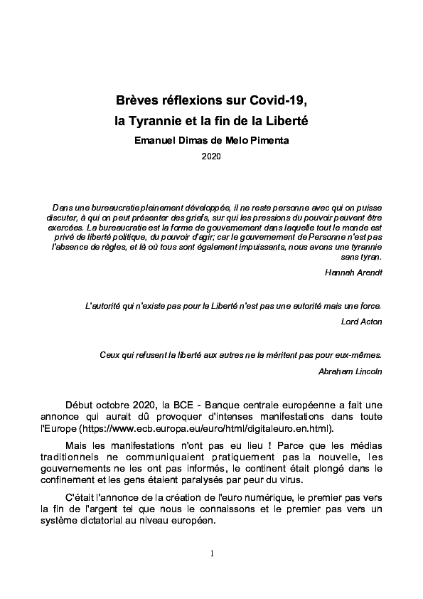 (PDF) Brèves réflexions sur Covid-19, la Tyrannie et la fin de la Liberté
