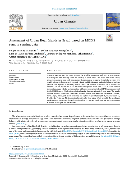 (PDF) Assessment of Urban Heat Islands in Brazil based on MODIS remote ...