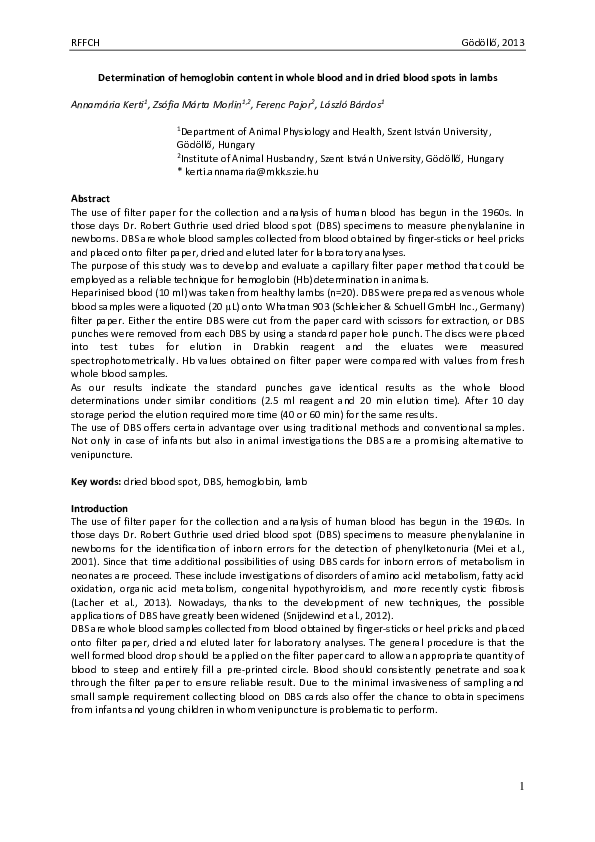 (PDF) Determination of hemoglobin content in whole blood and in dried ...