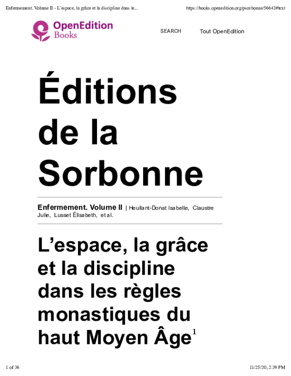 L’espace, la grâce et la discipline dans les règles monastiques du haut Moyen Âge