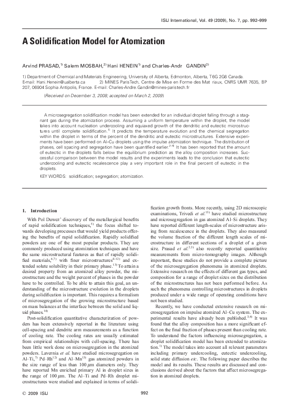 (PDF) A Solidification Model for Atomization