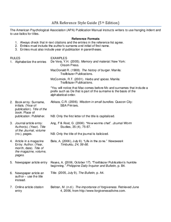 (PDF) APA Reference Style Guide (5th Edition) Rojay Geromo Academia.edu