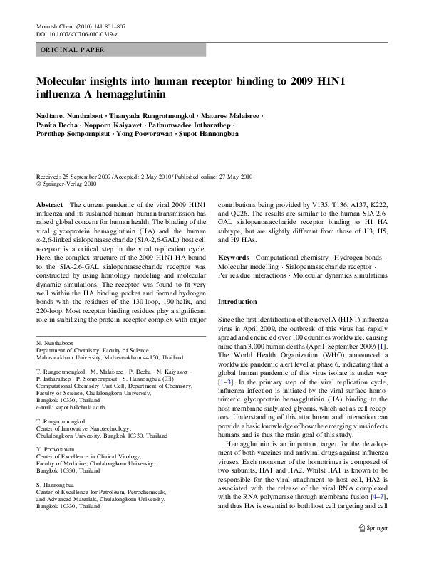 (PDF) Molecular insights into human receptor binding to 2009 H1N1 ...