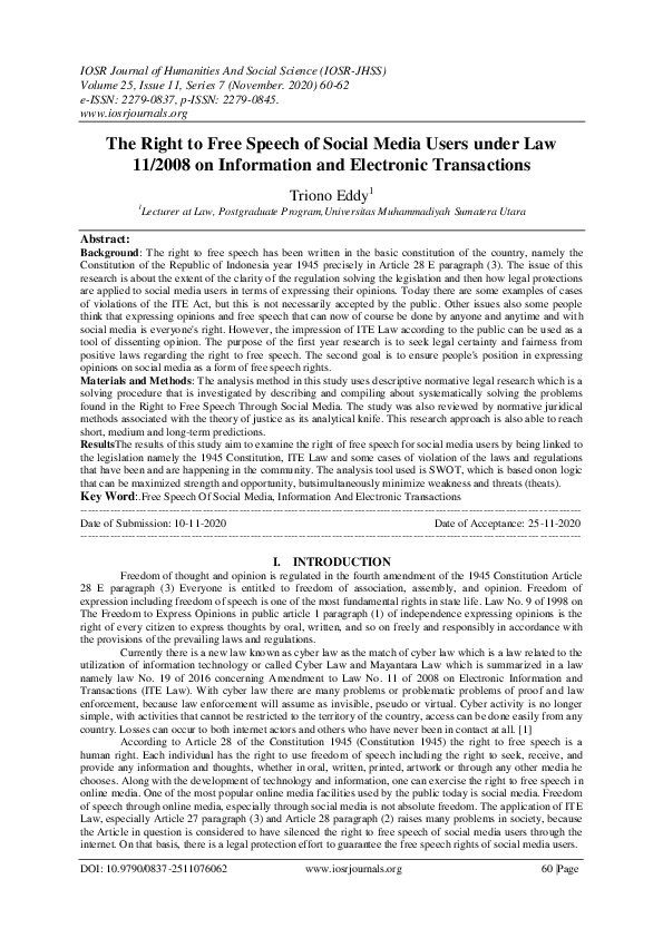 (PDF) The Right to Free Speech of Social Media Users under Law 11/2008 ...