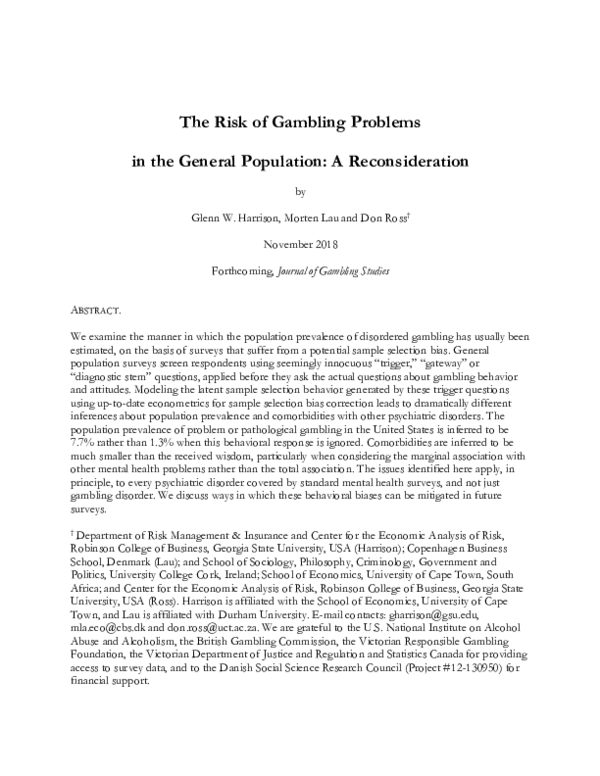 (PDF) The Risk of Gambling Problems in the General Population: A ...