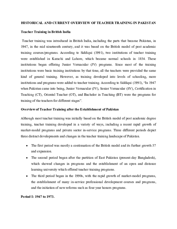 (DOC) HISTORICAL AND CURRENT OVERVIEW OF TEACHER TRAINING IN PAKISTAN ...
