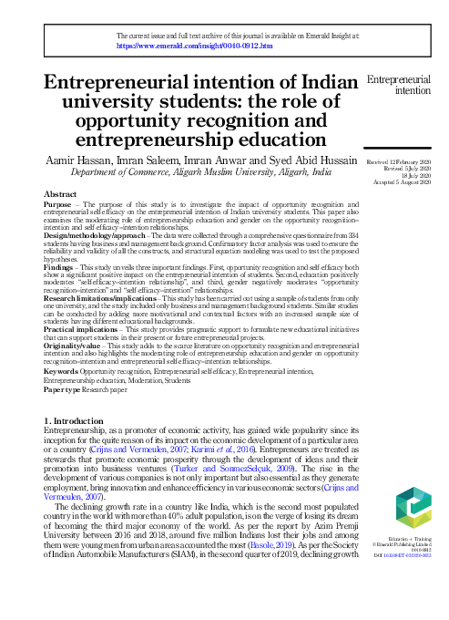 (PDF) Entrepreneurial intention of Indian university students: the role ...
