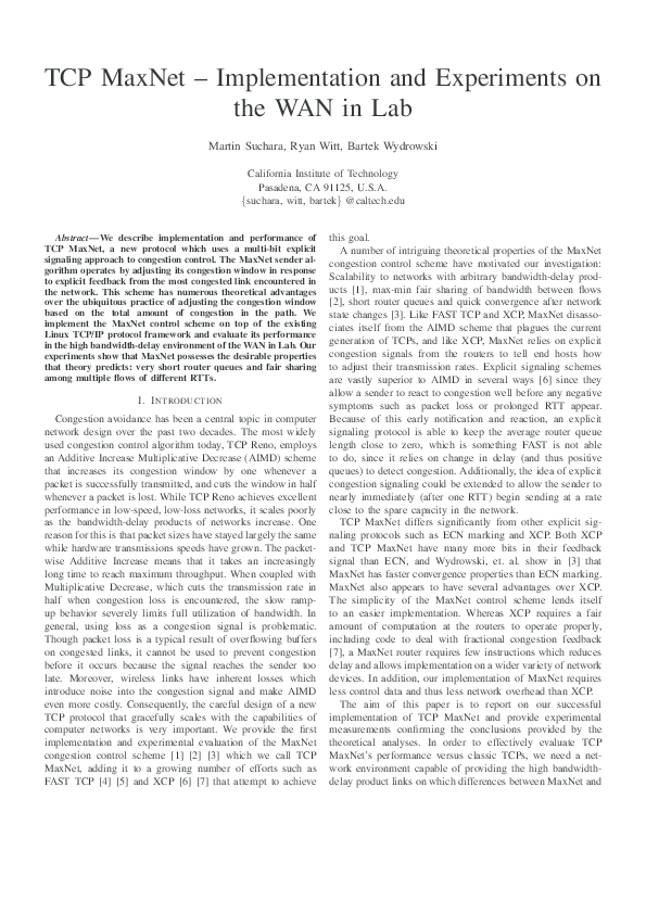 (PDF) TCP MaxNet - Implementation and Experiments on the WAN in Lab
