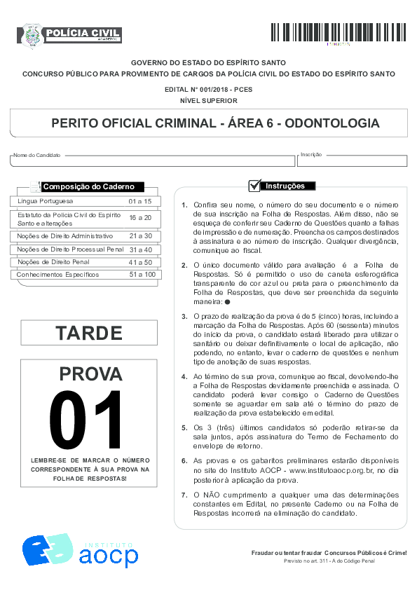 (PDF) Instituto aocp 2019 pc es perito oficial criminal area 6 prova