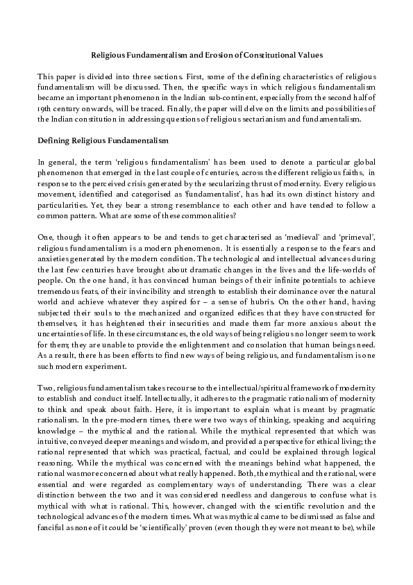  PDF Religious Fundamentalism And Erosion Of Constitutional Values