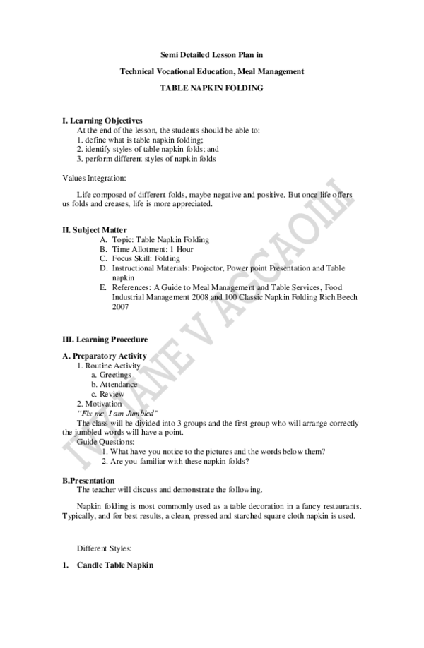 (PDF) Semi Detailed Lesson Plan in Technical Vocational Education, Meal