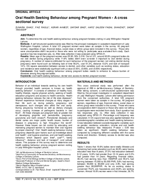 (PDF) Oral Health Seeking Behaviour among Pregnant Women -A cross ...