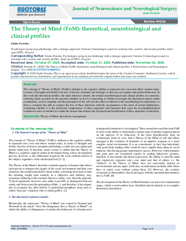 (PDF) The Theory of Mind (ToM): theoretical, neurobiological and ...
