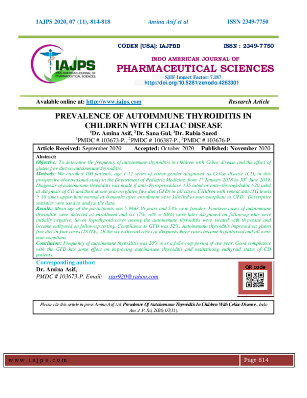 (PDF) PREVALENCE OF AUTOIMMUNE THYROIDITIS IN CHILDREN WITH CELIAC ...