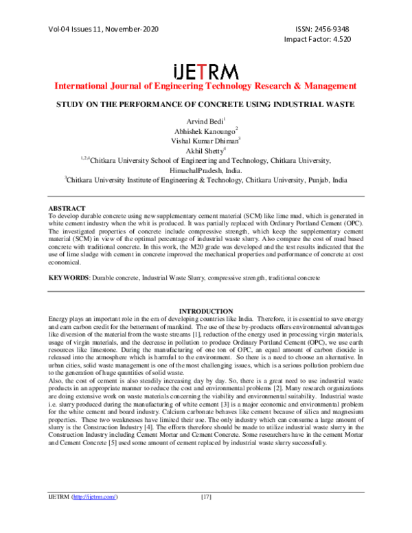 (PDF) STUDY ON THE PERFORMANCE OF CONCRETE USING INDUSTRIAL WASTE