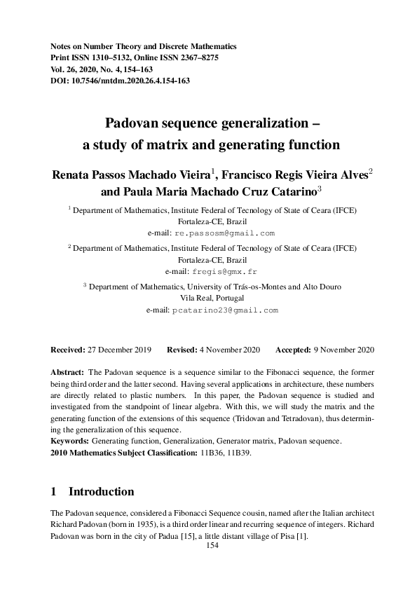 (PDF) Padovan sequence generalization - a study of matrix and ...