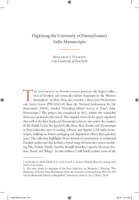 (PDF) Digitizing the University of Pennsylvania's Indic Manuscripts