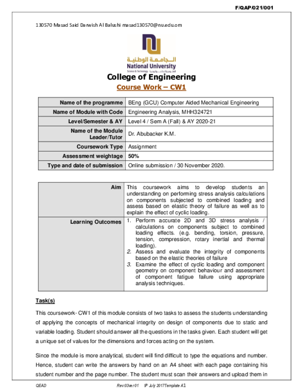 (PDF) College of Engineering Course Work -CW1