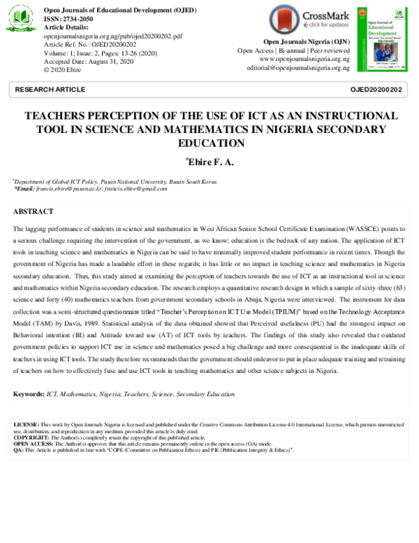 (PDF) TEACHERS PERCEPTION OF THE USE OF ICT AS AN INSTRUCTIONAL TOOL IN ...