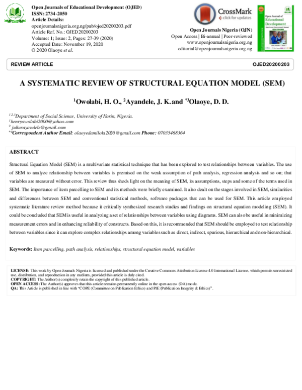 (PDF) A SYSTEMATIC REVIEW OF STRUCTURAL EQUATION MODEL (SEM)