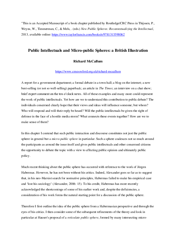 (PDF) Public Intellectuals and Micro-public Spheres: a British Illustration