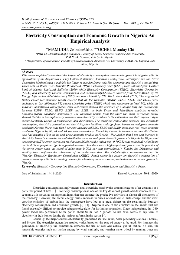 (PDF) Electricity Consumption and Economic Growth in Nigeria: An ...