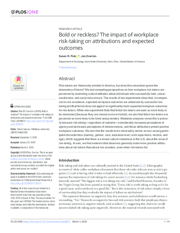 (PDF) Bold or reckless? The impact of workplace risk-taking on ...