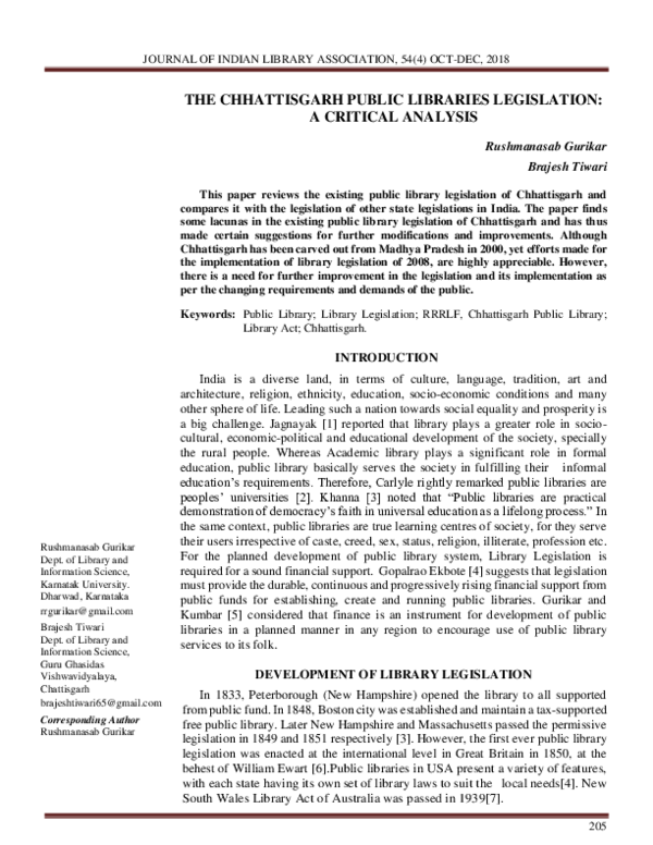 (PDF) THE CHHATTISGARH PUBLIC LIBRARIES LEGISLATION: A CRITICAL ANALYSIS