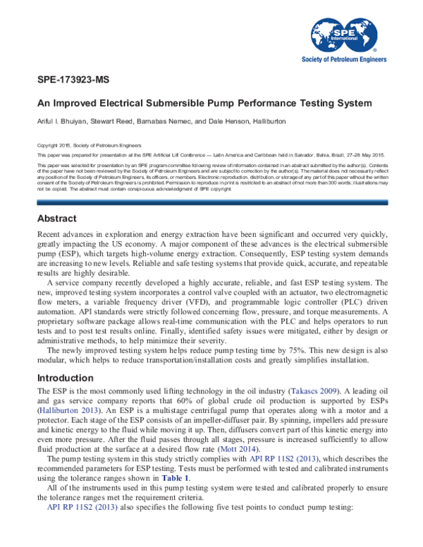 (PDF) An Improved Electrical Submersible Pump Performance Testing System