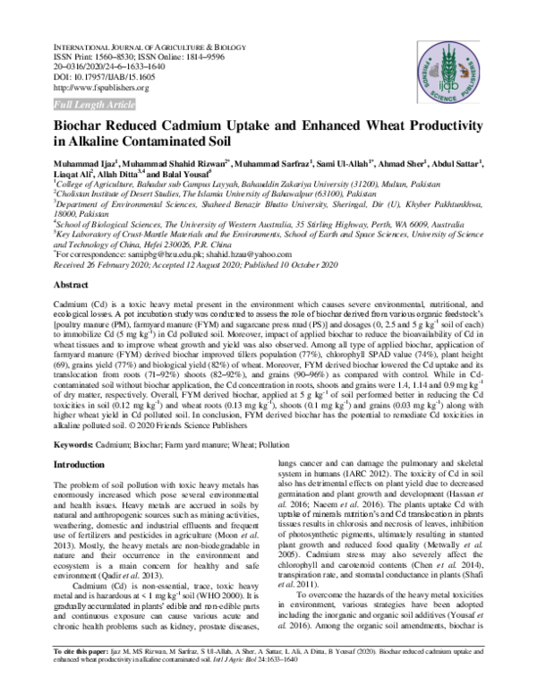 (PDF) Biochar Reduced Cadmium Uptake and Enhanced Wheat Productivity in ...