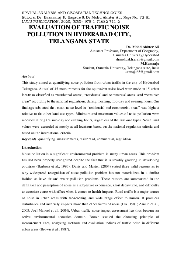 (PDF) EVALUATION OF TRAFFIC NOISE POLLUTION IN HYDERABAD CITY ...